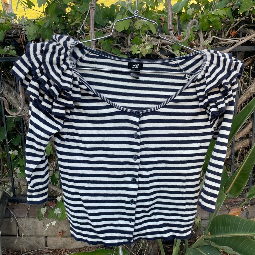H&M Ruffle Cardigan Navy Stripes Size Medium